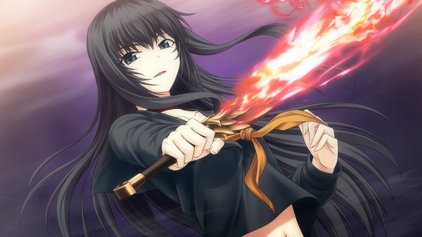 Anime picture 2048x1152 with tokyo babel long hair highres blue eyes black hair wide image game cg girl weapon sword serafuku fire