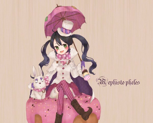 Anime picture 2560x2048 with ao no exorcist a-1 pictures mephisto pheles mxnxm single long hair blush highres black hair simple background twintails green eyes loli genderswap cropped girl hat animal umbrella