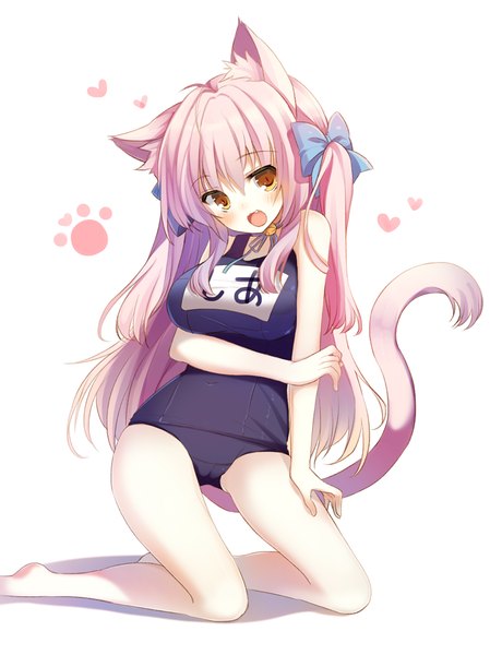 Anime picture 700x935 with original shia flatpaddy yamucha single long hair tall image blush fringe breasts open mouth light erotic simple background hair between eyes large breasts white background twintails brown eyes animal ears pink hair ahoge