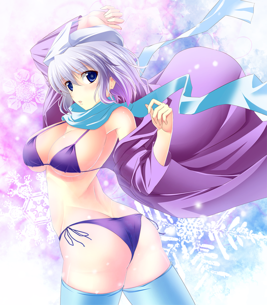 Anime picture 1050x1200 with touhou letty whiterock bug (artist) single tall image short hair breasts blue eyes light erotic large breasts silver hair girl thighhighs swimsuit bikini white thighhighs scarf