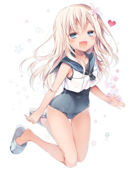 Anime picture 1102x1433 with kantai collection ro-500 submarine komeshiro kasu single long hair tall image looking at viewer blush open mouth blue eyes blonde hair simple background smile white background hair flower kneeling thigh gap ass visible through thighs polka dot girl