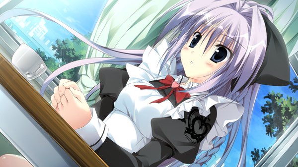 Anime picture 1024x576 with ikinari anata ni koishiteiru long hair blue eyes wide image game cg white hair girl serafuku