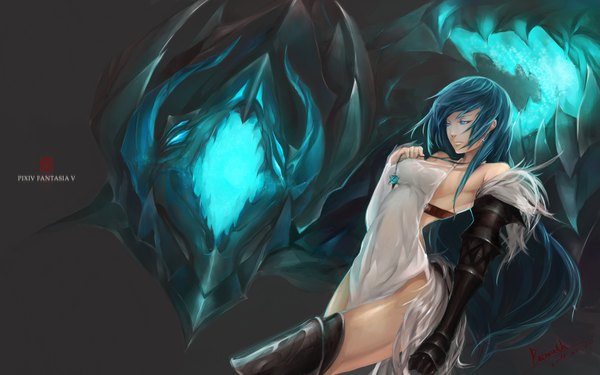 Anime picture 1984x1240 with original pixiv fantasia bamuth long hair highres blue eyes simple background wide image blue hair glowing girl armor pendant monster