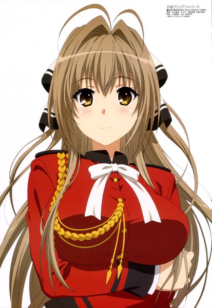 Anime picture 4081x5921 with amagi brilliant park kyoto animation megami magazine sento isuzu single long hair tall image looking at viewer blush highres brown hair white background brown eyes absurdres official art girl suit