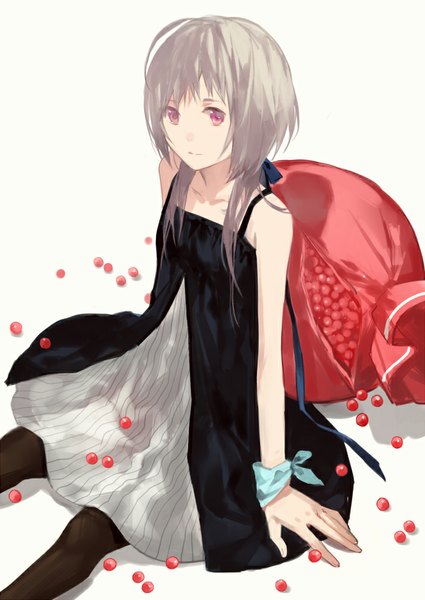 Anime picture 709x1000 with original cotta single long hair tall image looking at viewer blush simple background smile red eyes white background sitting bare shoulders silver hair girl dress hair ornament ribbon (ribbons) hair ribbon pantyhose