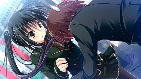 Anime picture 1280x720 with master re:master (game) long hair black hair wide image yellow eyes game cg ponytail girl boy uniform school uniform