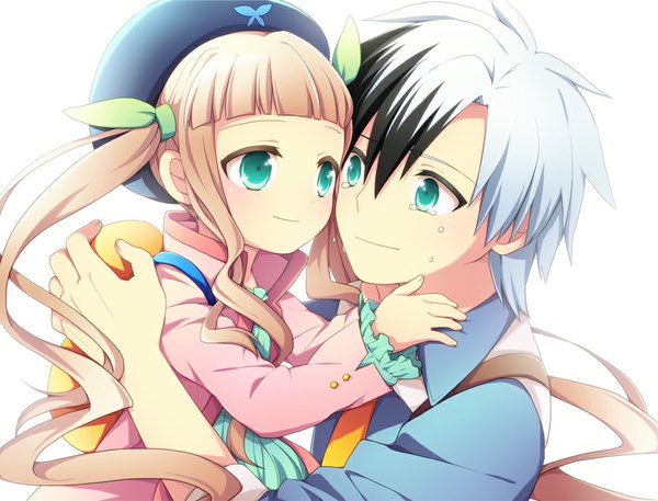 Anime picture 940x716 with tales of (series) tales of xillia tales of xillia 2 elle mel martha ludger will kresnik soranagi long hair blush fringe short hair simple background brown hair white background twintails silver hair multicolored hair aqua eyes light smile two-tone hair hug
