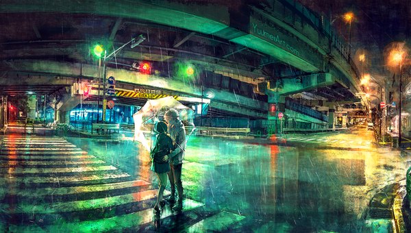 Anime picture 1760x1000 with original yuumei long hair highres short hair wide image standing bent knee (knees) outdoors grey hair wet reflection rain street transparent umbrella crosswalk shared umbrella girl boy skirt