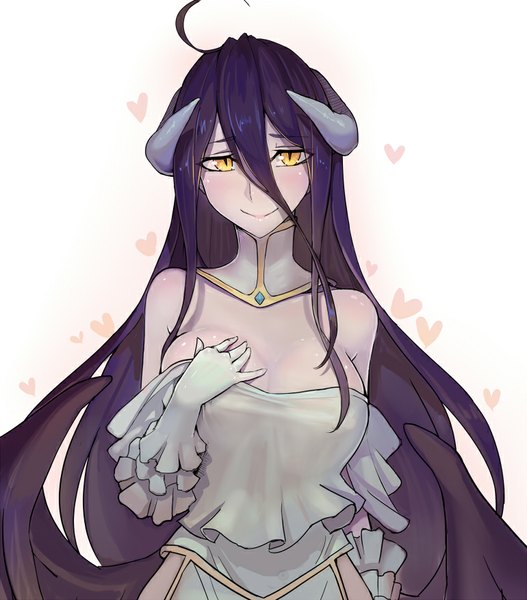 Anime picture 770x876 with overlord (maruyama) madhouse albedo (overlord) walzrj single tall image looking at viewer blush black hair smile yellow eyes ahoge very long hair embarrassed hand on chest girl dress gloves white gloves heart