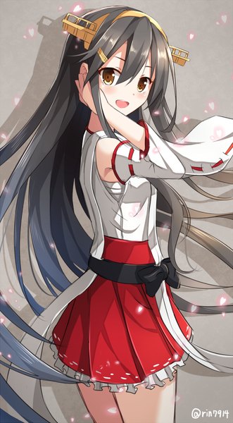 Anime picture 614x1111 with kantai collection haruna battleship rin yuu single tall image looking at viewer blush fringe open mouth black hair simple background smile hair between eyes standing brown eyes signed very long hair traditional clothes :d japanese clothes