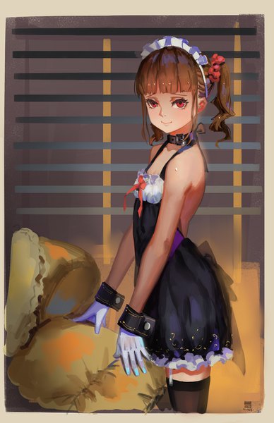 Anime picture 1000x1544 with original sk tori single tall image looking at viewer fringe short hair smile red eyes brown hair twintails bare shoulders signed payot blunt bangs maid zettai ryouiki drill hair dated bare back