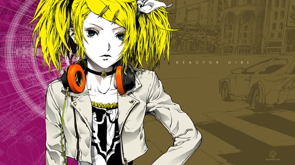 Anime picture 1920x1080 with vocaloid meltdown (vocaloid) kagamine rin nagimiso single highres blonde hair wide image twintails aqua eyes alternate hairstyle girl headphones jewelry ground vehicle car