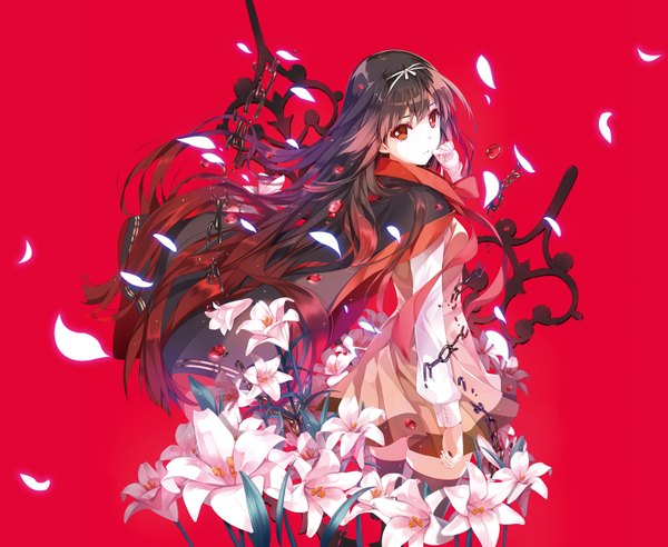 Anime picture 1430x1173 with taiyou no channel ninomiya anju kuroya shinobu single long hair looking at viewer fringe simple background red eyes brown hair standing looking back wind zettai ryouiki finger to mouth pale skin red background girl thighhighs dress