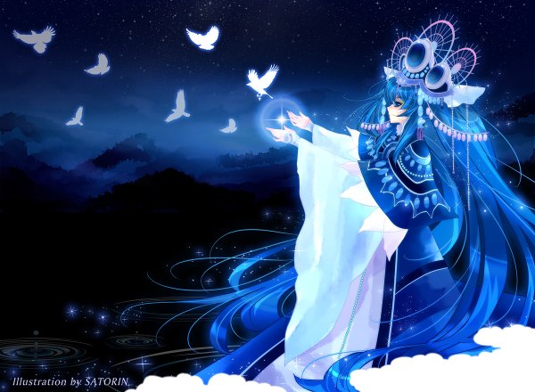 Anime picture 1200x880 with vocaloid hatsune miku satorin (artist) single long hair blue eyes blue hair night night sky girl animal water bird (birds) star (stars)