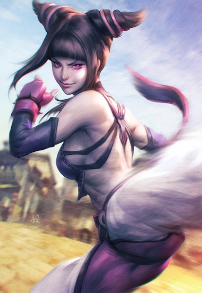 Anime picture 831x1200 with street fighter capcom han juri artgerm (stanley lau) single long hair tall image breasts light erotic black hair smile bare shoulders signed pink hair pink eyes multicolored hair realistic two-tone hair battle girl