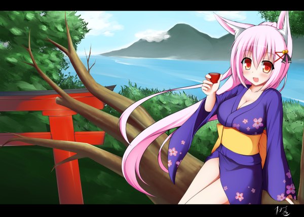 Anime picture 1546x1104 with original kazamatsuri kazari mizuki (kogetsu-tei) single long hair looking at viewer blush open mouth red eyes animal ears pink hair ponytail traditional clothes japanese clothes fox ears fox girl mountain girl plant (plants) tree (trees)