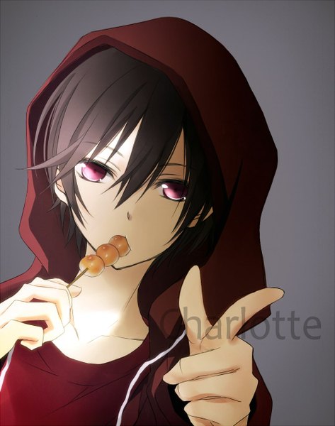 Anime picture 1000x1268 with charlotte p.a. works otosaka yuu tsukimori usako single tall image looking at viewer fringe short hair black hair simple background purple eyes inscription grey background copyright name eating pointing boy food sweets