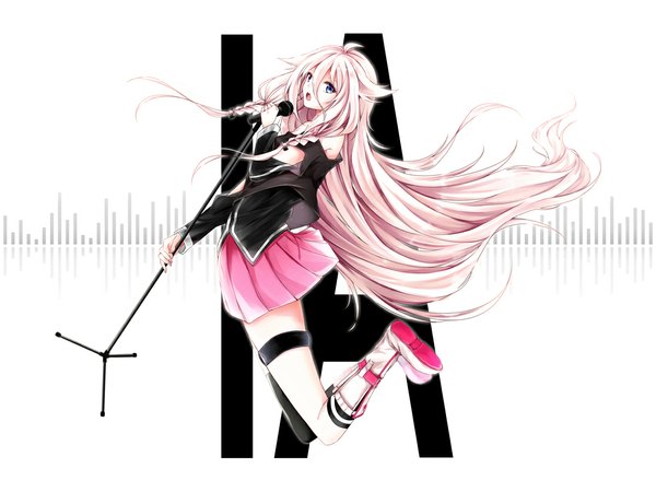 Anime picture 1100x825 with vocaloid ia (vocaloid) azu (pixiv 468209) single long hair looking at viewer blue eyes blonde hair bare shoulders braid (braids) pleated skirt twin braids jumping girl thighhighs skirt single thighhigh microphone stand pink skirt