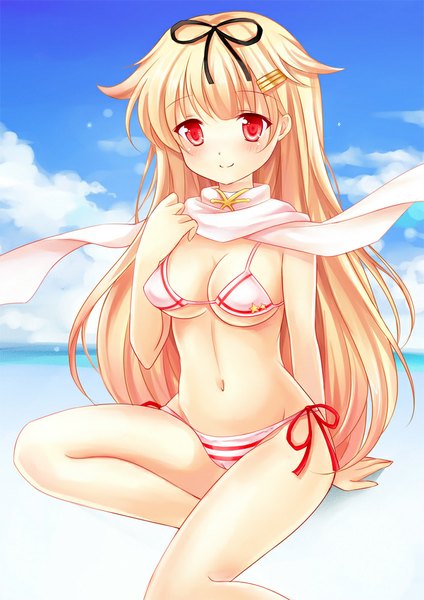 Anime picture 707x1000 with kantai collection yuudachi destroyer nikoo single long hair tall image looking at viewer blush breasts light erotic blonde hair smile red eyes sitting remodel (kantai collection) girl hair ornament ribbon (ribbons) swimsuit hair ribbon