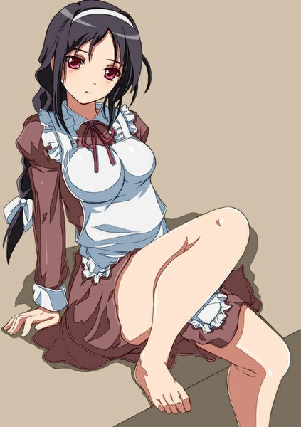 Anime picture 600x850 with accel world sunrise (studio) kakei mihaya rikku04 li@ single long hair tall image looking at viewer blush breasts light erotic black hair red eyes large breasts bent knee (knees) braid (braids) from above bare legs maid