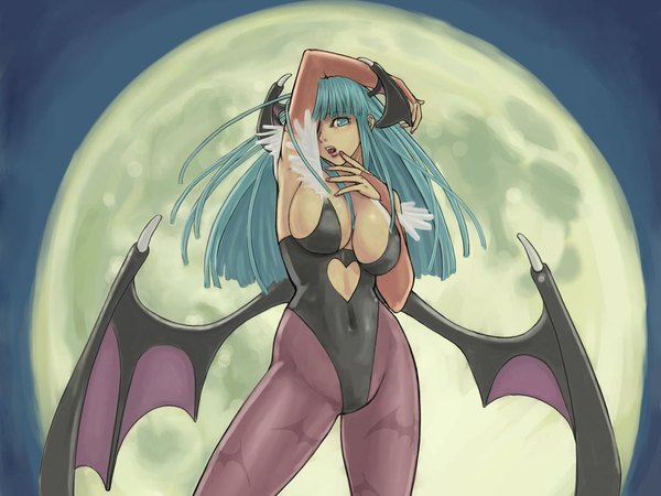 Anime picture 1024x768 with vampire / darkstalkers (game) capcom morrigan aensland ark breasts light erotic cleavage demon girl succubus girl gloves elbow gloves
