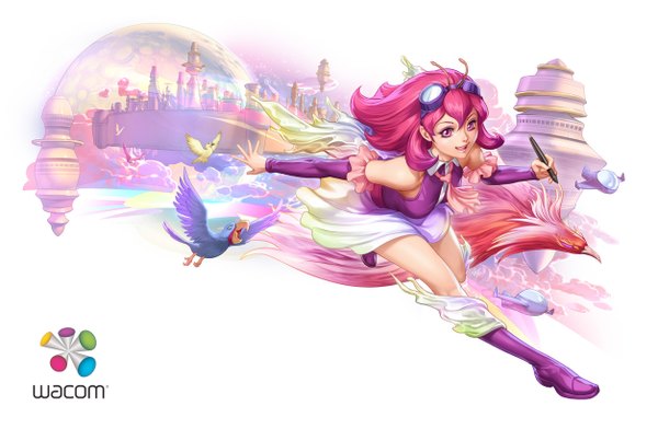 Anime picture 1253x819 with wacom artgerm (stanley lau) single long hair open mouth simple background white background bare shoulders pink hair cloud (clouds) full body pink eyes realistic goggles on head girl detached sleeves animal bird (birds) building (buildings) moon