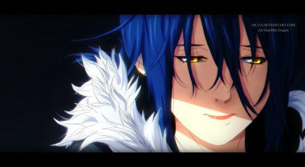 Anime picture 1199x660 with air gear toei animation gazelle (air gear) ar-ua single short hair simple background wide image yellow eyes blue hair looking away lips coloring black background close-up sad girl fur