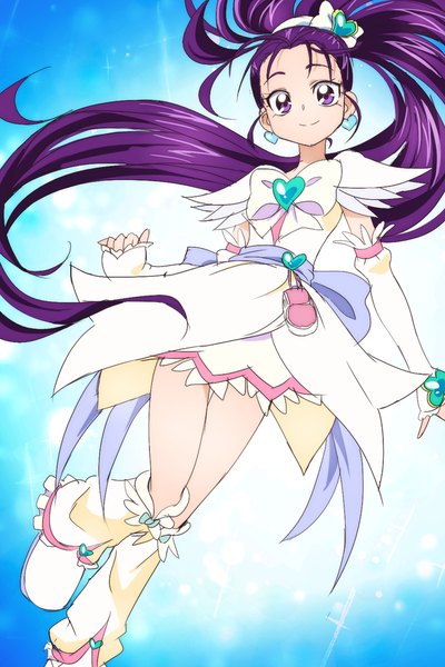 Anime picture 640x960 with precure futari wa pretty cure splash star toei animation mishou mai cure egret manji (tenketsu) single tall image looking at viewer smile purple eyes purple hair ponytail very long hair magical girl girl detached sleeves earrings heart gaiters