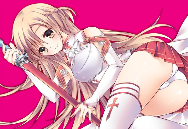 Anime picture 895x614 with sword art online a-1 pictures yuuki asuna sorai shin'ya single long hair blush fringe light erotic simple background smile hair between eyes brown hair holding brown eyes bent knee (knees) lying braid (braids) pleated skirt on side