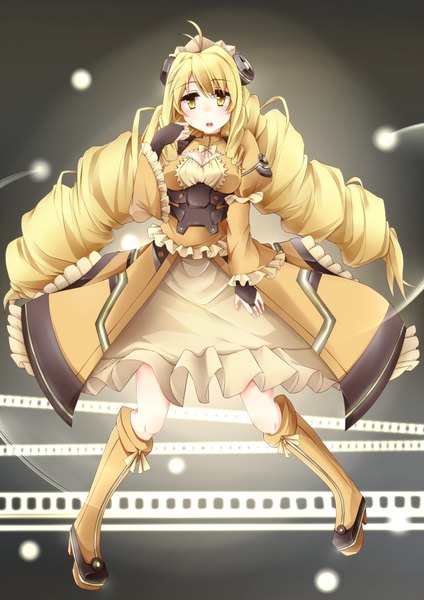 Anime picture 1446x2046 with vividred operation vividyellow sakakibarayui (artist) single long hair tall image blonde hair twintails yellow eyes drill hair girl dress boots frills
