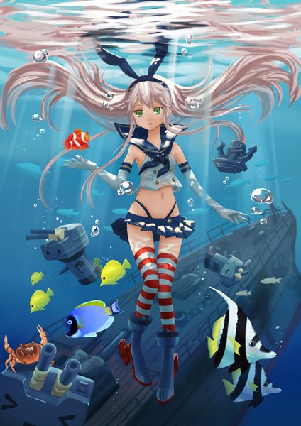 Anime picture 1131x1600 with kantai collection shimakaze destroyer rensouhou-chan xiao dai long hair tall image blonde hair zettai ryouiki underwater > < girl thighhighs skirt gloves hair ornament underwear panties ribbon (ribbons) hair ribbon miniskirt
