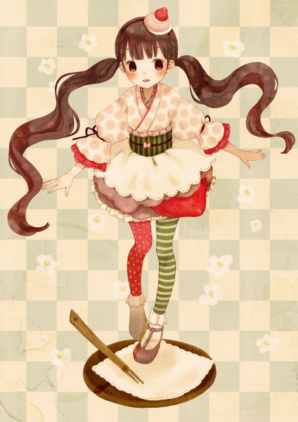 Anime picture 1753x2480 with original mizutamako single tall image blush fringe highres open mouth brown hair twintails brown eyes very long hair low twintails spread arms polka dot checkered background girl flower (flowers) pantyhose food