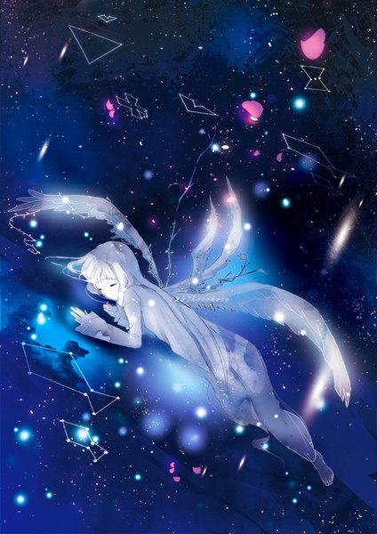 Anime picture 600x849 with original koto2 single tall image fringe white hair lying eyes closed very long hair barefoot sleeping angel wings space constellation girl petals wings star (stars) nightie