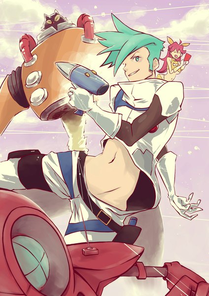 Anime picture 1431x2025 with space dandy studio bones dandy (space dandy) meow (space dandy) qt (space dandy) honey (space dandy) turkey 0205 tall image short hair open mouth smile pink hair ahoge profile aqua eyes aqua hair bare belly minigirl girl gloves