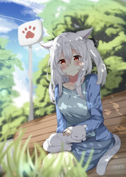 Anime picture 1200x1689 with original kurigura (sketch san) single long hair tall image looking at viewer blush fringe hair between eyes red eyes sitting signed animal ears sky cloud (clouds) outdoors white hair tail animal tail blurry