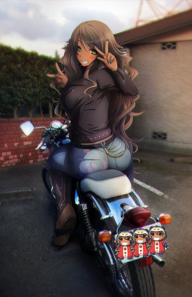Anime picture 779x1200 with original ishii akira single long hair tall image looking at viewer blush smile brown hair green eyes dark skin victory girl ground vehicle jeans motorcycle blue jeans