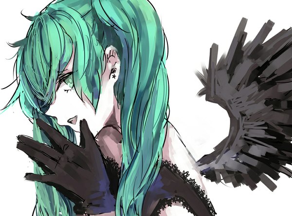 Anime picture 1000x741 with vocaloid hatsune miku yuji kazakiri single long hair open mouth simple background white background twintails aqua eyes aqua hair black wings sketch girl gloves wings black gloves lace