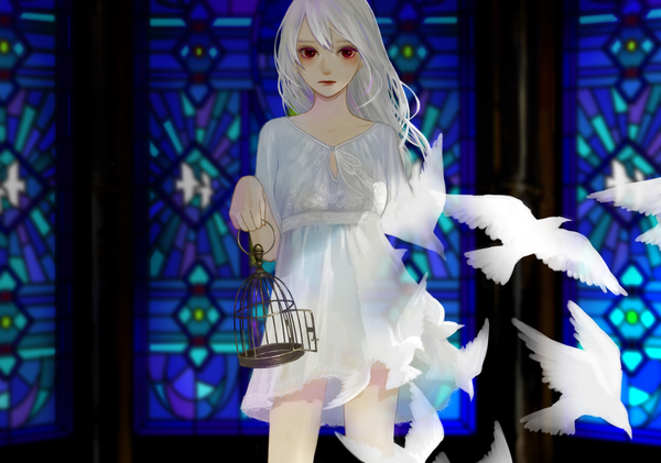 Anime picture 1124x789 with original konno mayumi single long hair looking at viewer red eyes standing holding white hair lips shadow light pale skin girl dress animal white dress bird (birds) sundress cage
