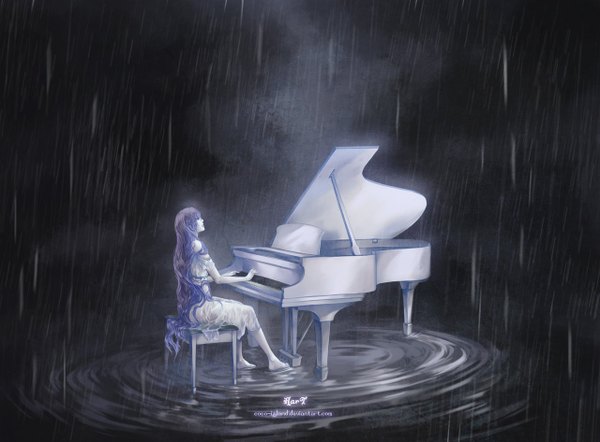 Anime picture 1280x945 with original hart-coco single long hair sitting bare shoulders purple hair barefoot black eyes inscription wet dark background rain wet clothes girl dress water white dress piano