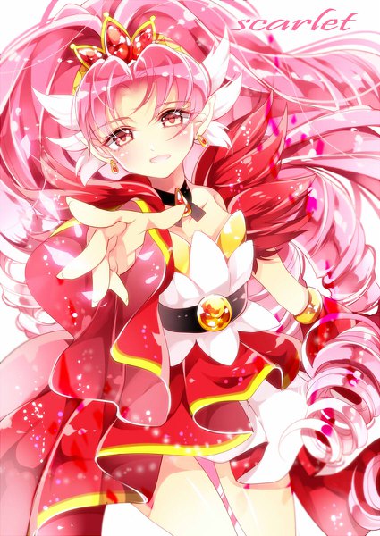 Anime picture 850x1200 with precure go! princess precure toei animation akagi towa cure scarlet ayumaru (art of life) single long hair tall image looking at viewer blush open mouth pink hair ponytail pink eyes pointy ears character names drill hair outstretched hand magical girl