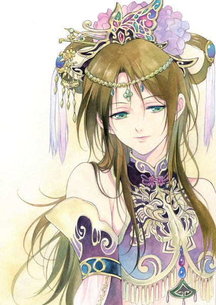 Anime picture 850x1200 with shin sangoku musou diao chan (shin sangoku musou) agahari single long hair tall image simple background brown hair bare shoulders green eyes traditional media watercolor (medium) girl hair ornament detached sleeves