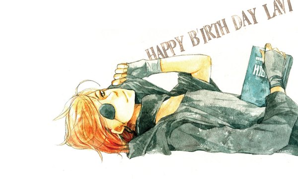 Anime picture 1000x600 with d.gray-man lavi single looking at viewer short hair wide image red hair lying orange hair inscription traditional media watercolor (medium) boy fingerless gloves book (books) eyepatch
