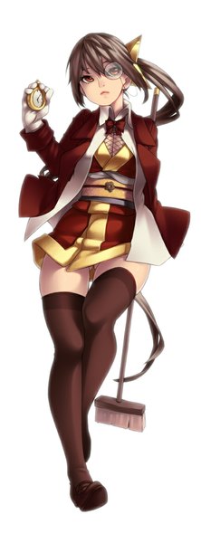 Anime picture 434x1170 with original yin-ting tian single long hair tall image black hair red eyes white background ass visible through thighs girl thighhighs gloves black thighhighs clock pocket watch monocle mop