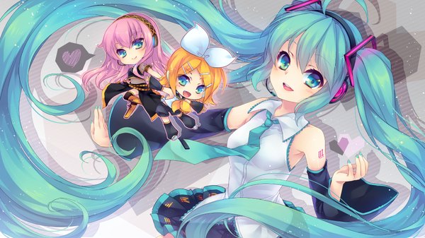 Anime picture 1920x1080 with vocaloid hatsune miku megurine luka kagamine rin shinia single blush highres open mouth wide image twintails very long hair aqua eyes aqua hair chibi girl skirt detached sleeves miniskirt necktie