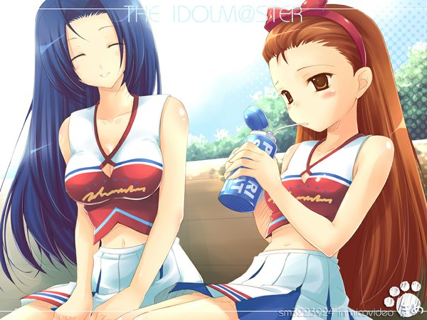 Anime picture 1024x768 with idolmaster pocari sweat minase iori miura azusa long hair breasts brown hair multiple girls brown eyes blue hair cleavage eyes closed cheerleader girl 2 girls water bottle