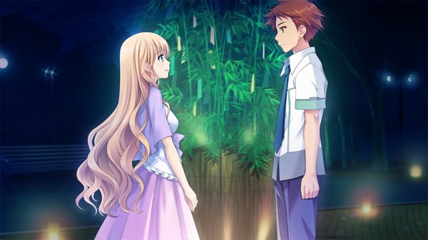 Anime picture 1280x720 with astraythem ginta long hair short hair blonde hair brown hair wide image green eyes game cg couple girl dress boy