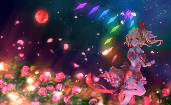 Anime picture 6025x3723 with touhou flandre scarlet id kun single looking at viewer fringe highres short hair open mouth blonde hair hair between eyes red eyes wide image standing signed absurdres :d night short sleeves zettai ryouiki