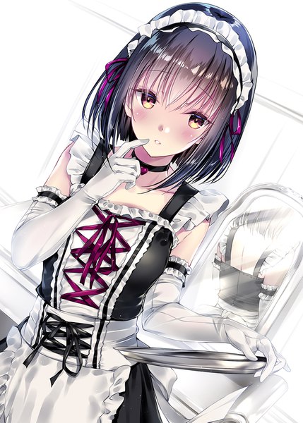 Anime picture 1254x1753 with original kobayashi chisato single tall image looking at viewer blush fringe short hair black hair standing holding yellow eyes payot indoors blunt bangs parted lips maid dutch angle finger to mouth reflection
