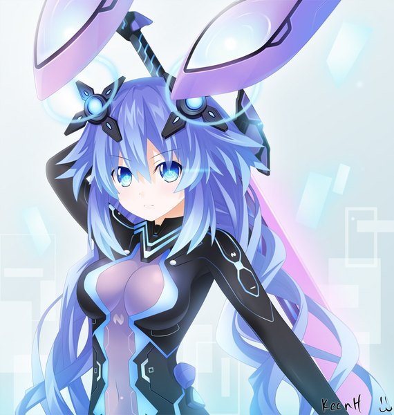 Anime picture 950x1000 with choujigen game neptune shin jigen game neptune vii neptune (choujigen game neptune) purple heart keenh single long hair tall image looking at viewer blush fringe breasts blue eyes light erotic simple background hair between eyes holding signed payot purple hair