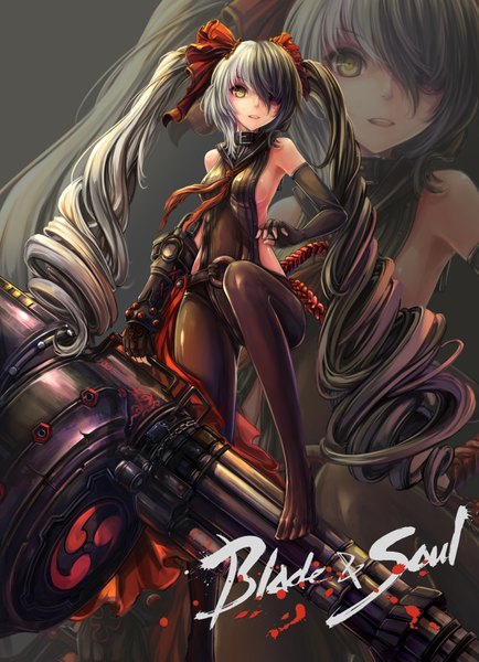 Anime picture 2480x3425 with blade & soul po hwa ran (blade & soul) tall image fringe highres black hair twintails bare shoulders yellow eyes white hair very long hair multicolored hair hair over one eye two-tone hair legs drill hair zoom layer girl gloves weapon
